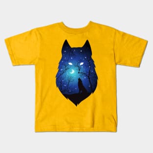 Wolves with blue sky and moon Kids T-Shirt